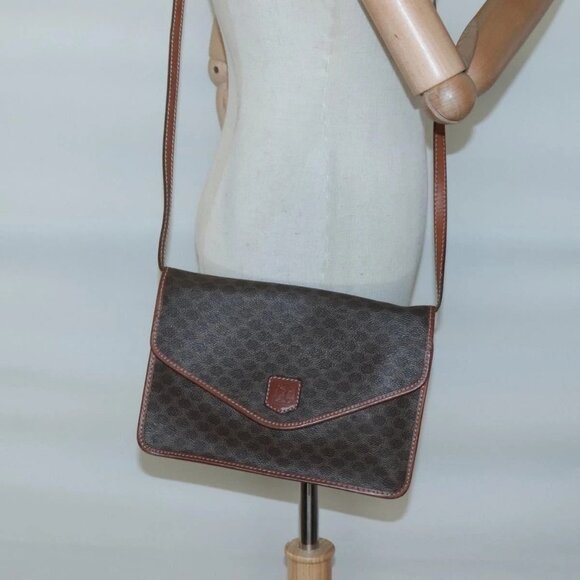 CELINE Macadam Canvas Shoulder Bag PVC Leather Brown Gold - Picture 13 of 15